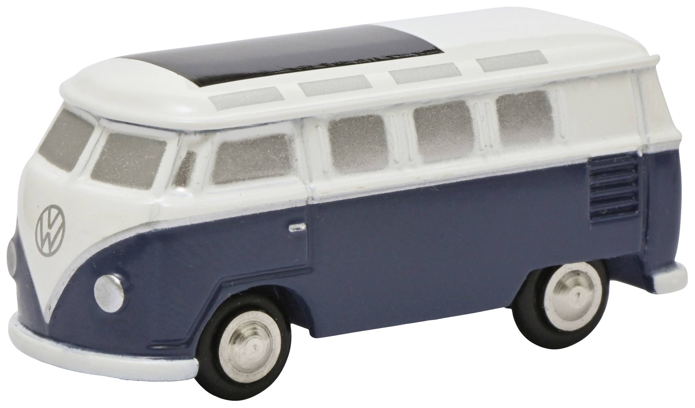 Malý model klasického VW autobusu v modré a bílé barvě, fotografovaný z boku.
