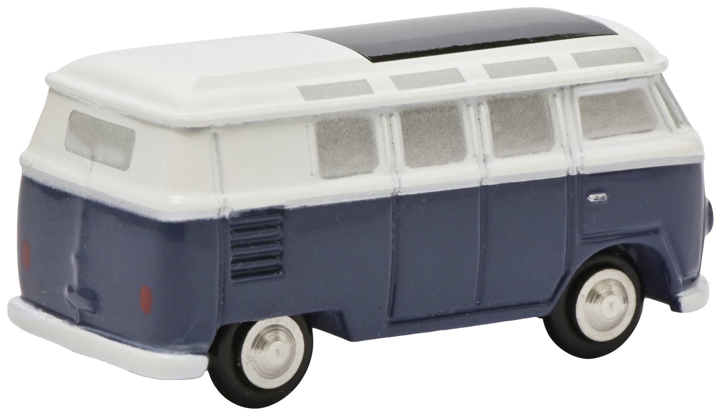 Model hračky modrého a bílého VW autobusu v retro stylu, boční pohled, na neutrálním pozadí.