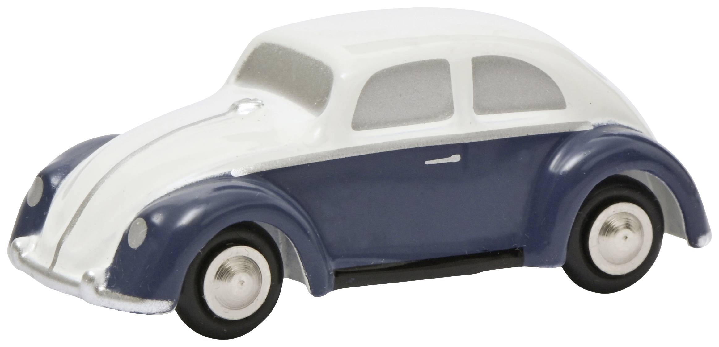Hračkové auto ve stylu klasického VW Brouka, dvoubarevné v bílé a modré barvě.