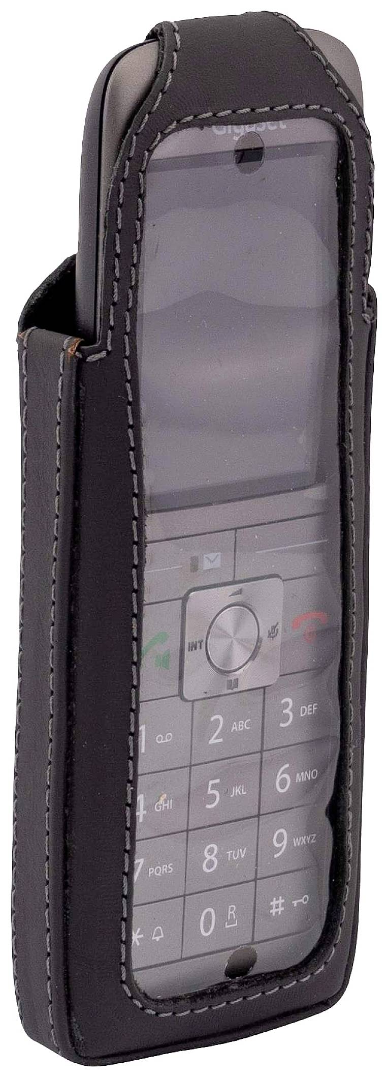 Jednoduché mobilní telefon v černém koženém pouzdře. Telefon má velká tlačítka, vhodné pro seniory nebo lidi se zhoršeným zrakem.