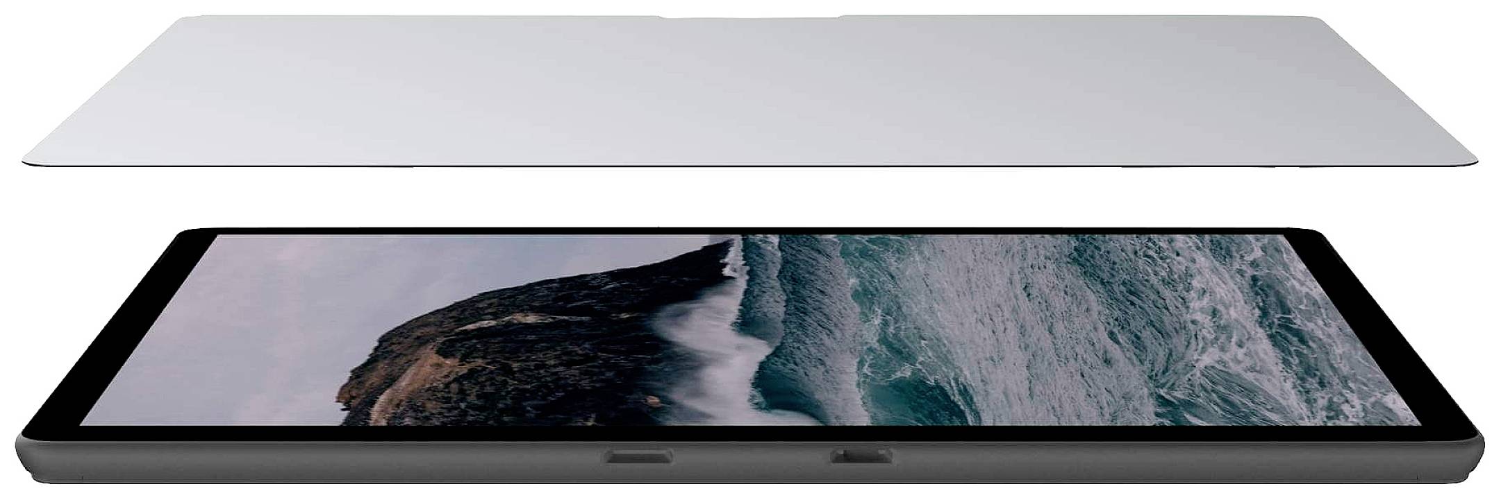 Tablet s odděleným displejem zobrazujícím mořskou krajinu, pod nímž je černá základna zařízení.