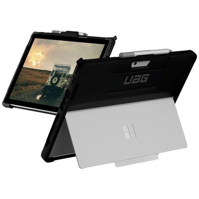 Odolný kryt pro tablet Microsoft Surface v černé barvě, s integrovaným stojánkem a držákem na pero, tablet zobrazuje terénní vozidlo.