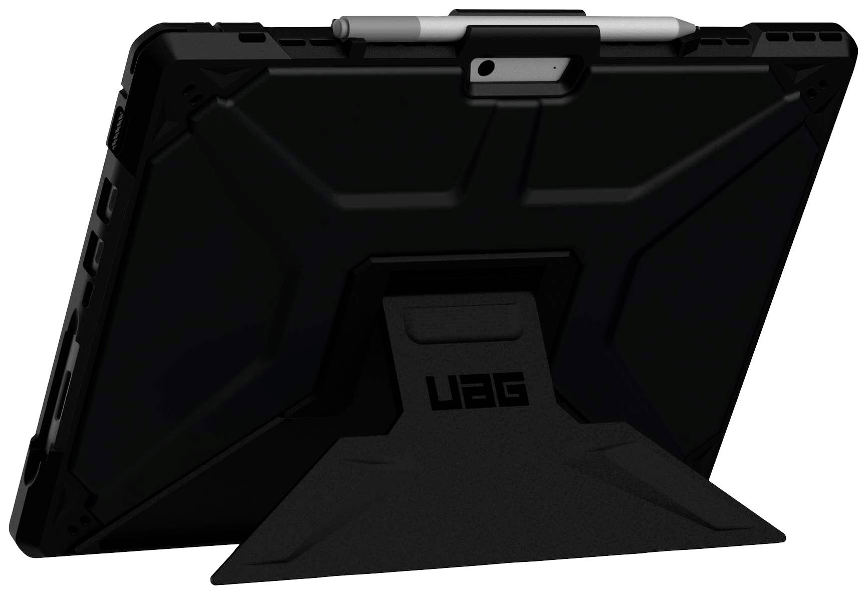 Tablet v odolném ochranném pouzdře s integrovaným stojánkem a držákem na stylus, pohled zezadu.