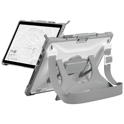 Tablet s robustním šedým ochranným pouzdrem a nastavitelným poporuhem na zádech. Na obrazovce je zobrazeno 11:48.