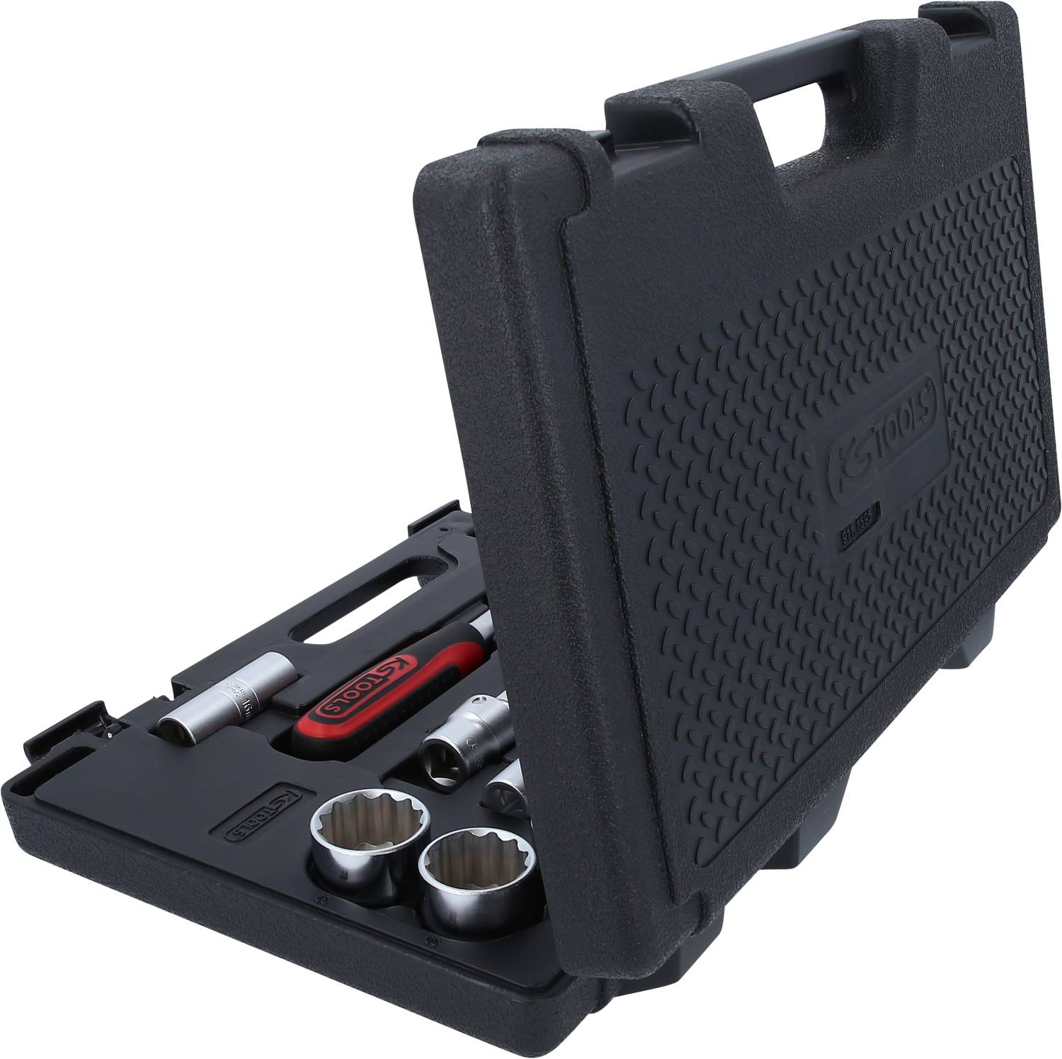 Černý kufřík na nářadí s ráčnou, nástavci a nástrčnými klíči. Značka KS Tools.