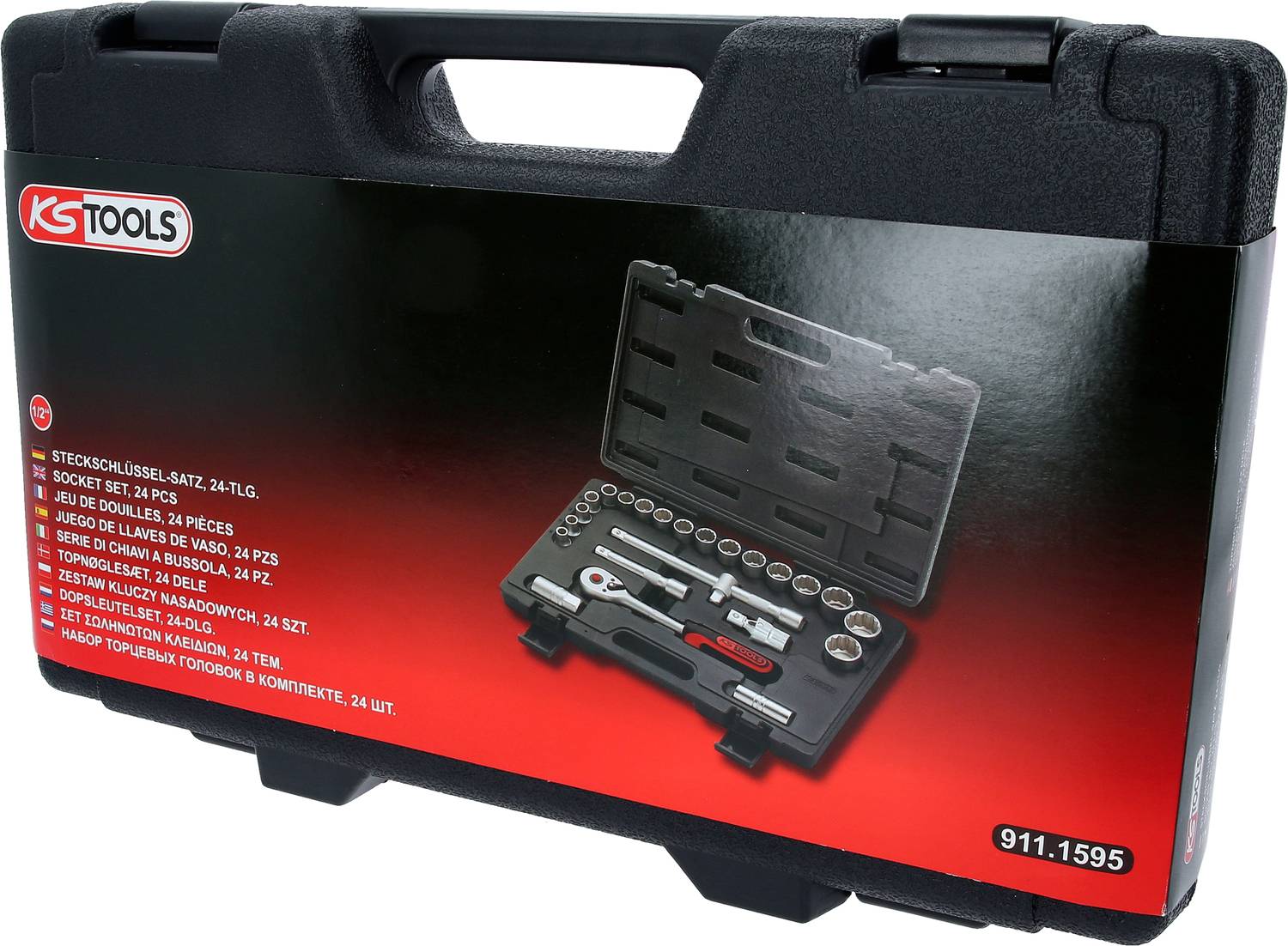 Černý kufřík na nářadí od KS Tools s obrázkem a detaily 26dílné sady nástrčných klíčů na štítku.