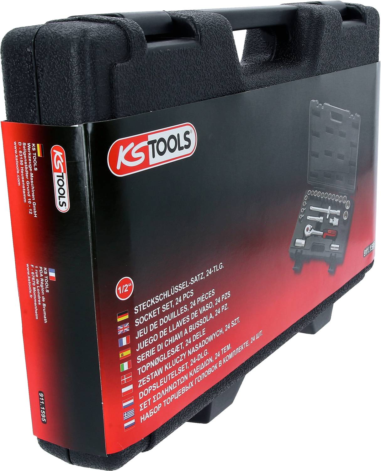 Sada nářadí s nápisem 'Sada nástrčných klíčů 1/2", 25 dílů'. Obsahuje stranové klíče a příslušenství, přenosná v kufříku.