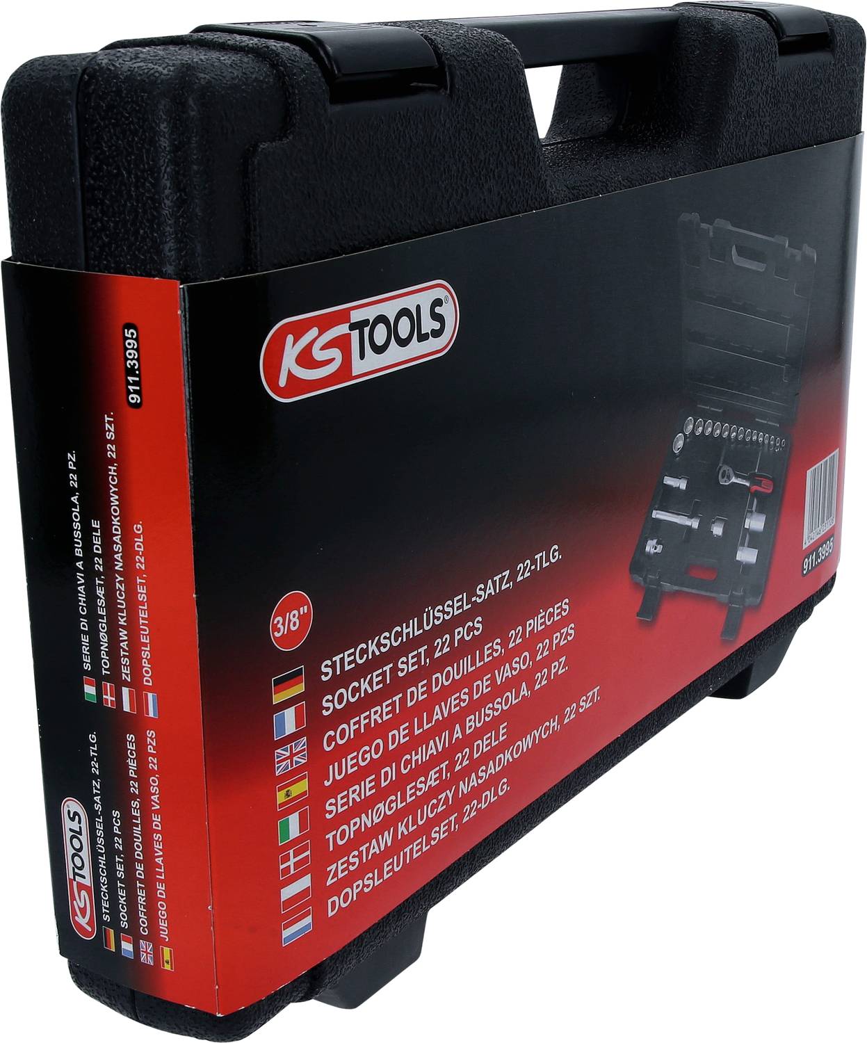 Černý kufřík na nářadí od KS Tools, 22-dílná sada nástrčných klíčů. Produktový štítek s vlajkami zemí a vícejazyčným popisem.
