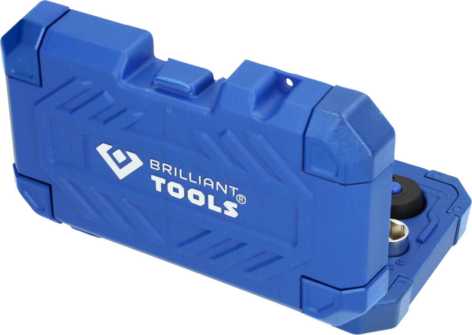 Modrý plastový kufřík s nápisem 'BRILLIANT TOOLS', částečně otevřený, ukazuje dva díly nářadí.