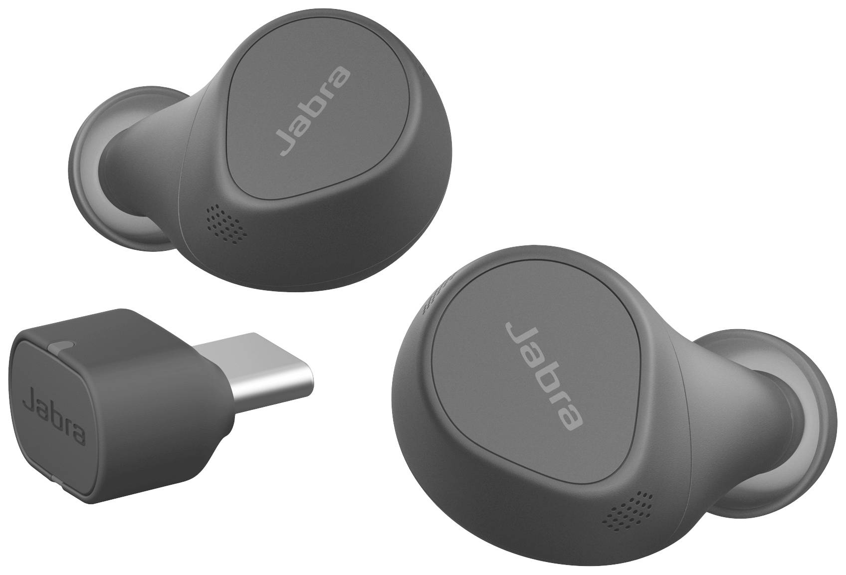 Dva šedé bezdrátové sluchátky s USB adaptérem, značky Jabra.