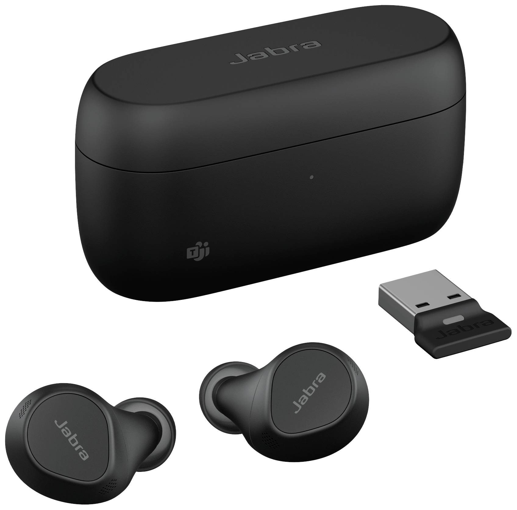 Černá sluchátka Jabra s nabíjecím pouzdrem a USB adaptérem.