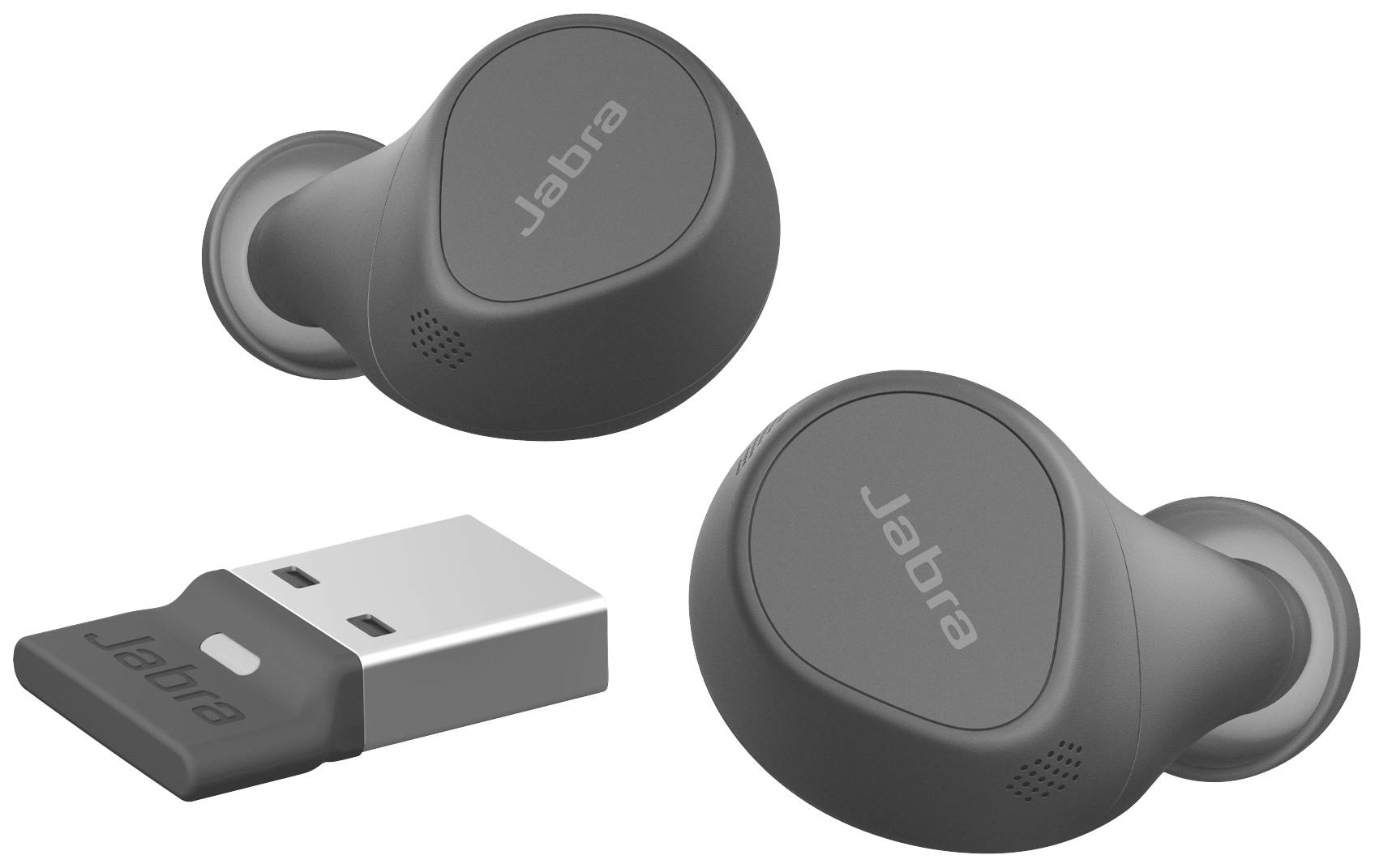 Bezdrátová černá sluchátka Bluetooth s USB donglem, vhodná pro hudbu a volání, zobrazená na bílém pozadí.