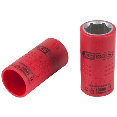 Dva červené izolované nástavce na šroubovací klíč značky 'KS Tools', izolované pro 1000 V. Testováno podle normy IEC 60900.