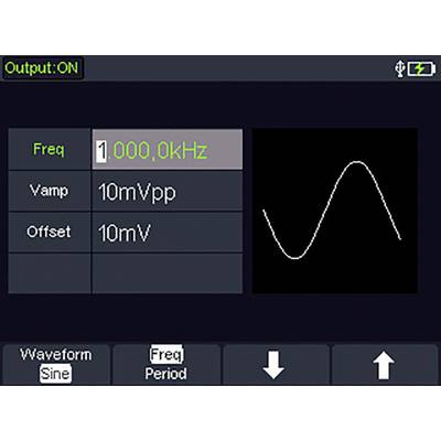 Obraz displeje osciloskopu zobrazující sinusovou vlnu o frekvenci 1000,0 kHz s amplitudou 10Vpp a ofsetem 10mV.