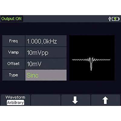 'Výstup: ZAP'. Displej frekvenčního generátoru: Frekv. 1.000,0 kHz, Vamp 10mVšš, Ofset 10mV, Typ 'Sinc'. Grafika obdélníkového průběhu vpravo.