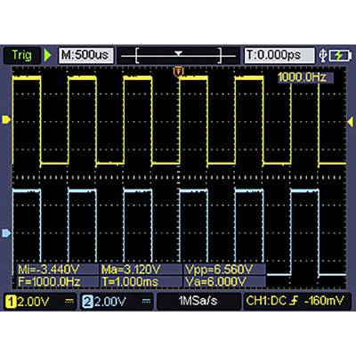 Osciloskopický displej se dvěma průběhy vln. Horní vlna: 1000,0 Hz, dolní průběh. Parametry: Vpp=6,560 V, T=1,000 ms.