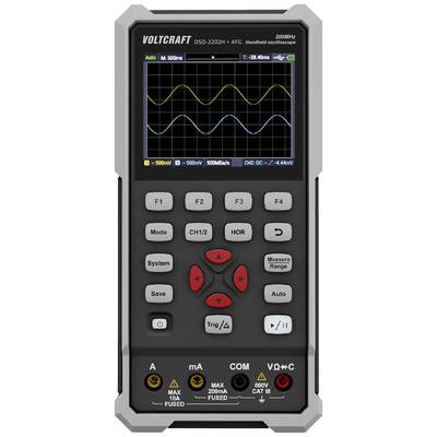 Přenosný ruční osciloskop Voltcraft DSO-2202H; zobrazuje průběh signálu na displeji; tlačítka pro nastavení napětí a měřicích rozsahů.
