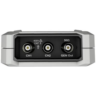 Zadní pohled elektronického zařízení se třemi konektory: CH1, CH2 a GEN Out, označenými 400V CAT II a 50Ω.