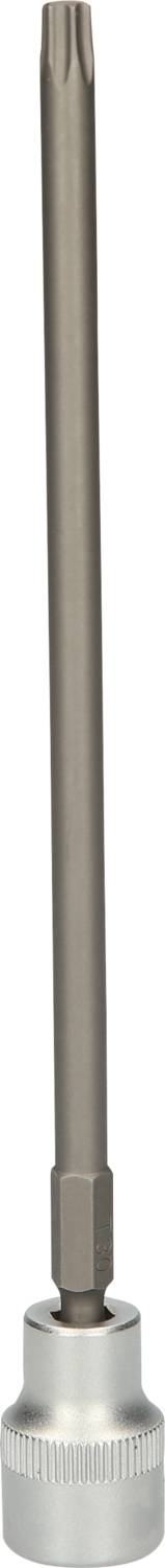 Prodloužený bit Torx s nástavcem na klíč, stříbrné barvy, určený pro šroubování se speciálními Torx hlavami v obtížně dostupných prostorech.