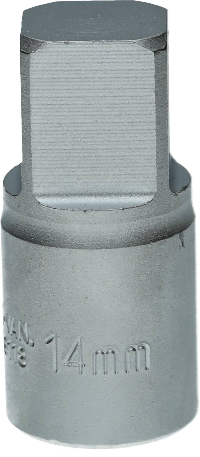 Šestihranný bit stříbrné barvy o velikosti 14 mm, vyrobený z kovu, používaný pro nástroje jako jsou nástrčné klíče.