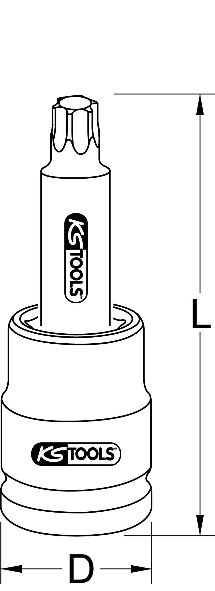 Ilustrace šroubováku KS Tools s T profilem. Rozměry: délka (L) a průměr (D) vyznačeny.