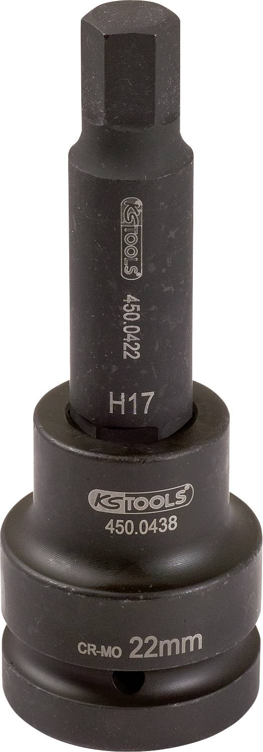 Zblízka černého adaptéru zásuvky KSTools H17 22mm, označeného číslem 450.0438 a CR-MO, stojícího vzpřímeně na bílém pozadí.