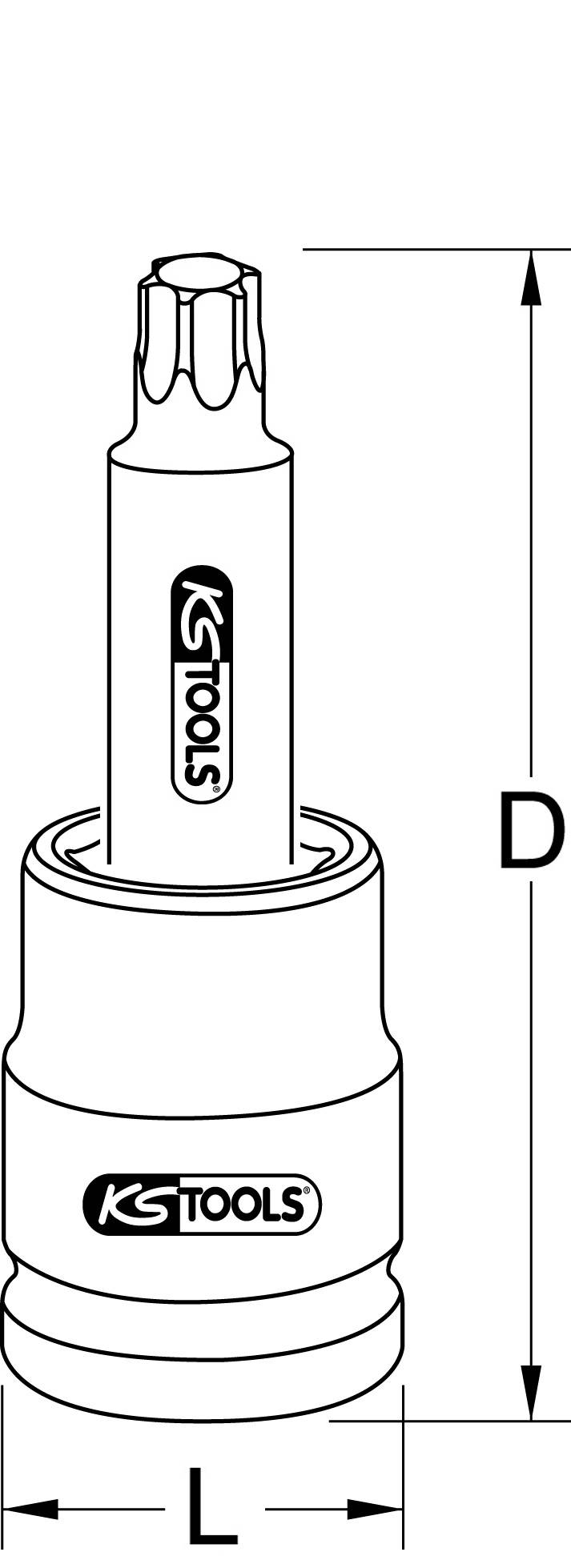 Nástrčný klíč s vnitřním torxovým profilem, dlouhým dříkem a logem KSTools. Rozměry D a L jsou vyznačeny.