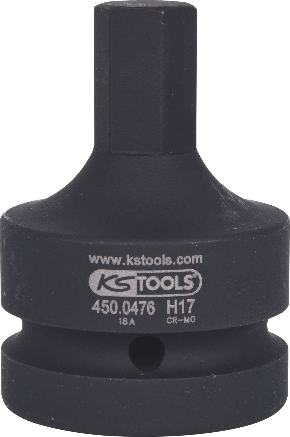 Černý adaptér od KS Tools s nápisem 'www.kstools.com', katalogové číslo '450.0476' a specifikací 'H17'.