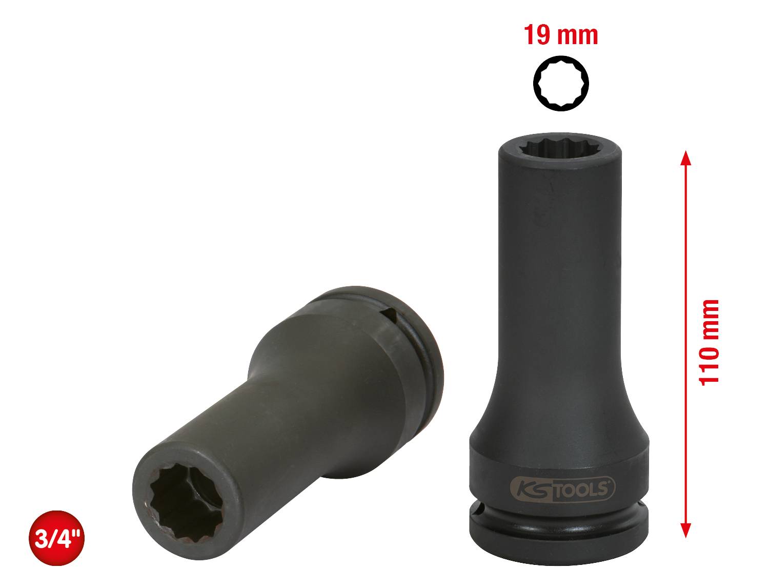 Nástrčný klíč, 19 mm, 3/4 palce. Délka 110 mm. Dva nástrčné klíče, jeden stojící, druhý ležící, s vnějším profilem pro použití.