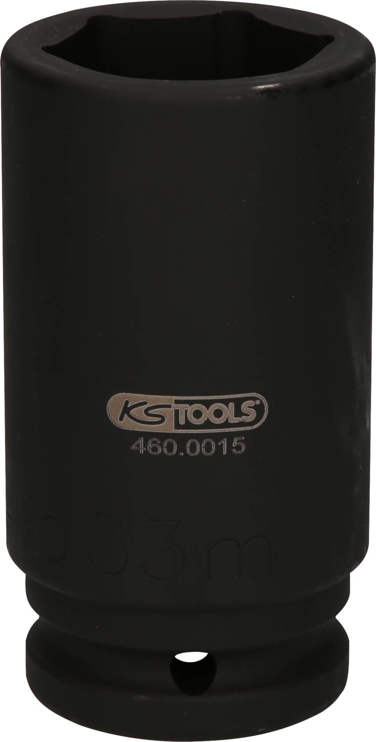 Černý šestihranný nástrčný klíč od KS Tools, modelové číslo 460.0015, o průměru 33 mm, vhodný pro ruční a rázové šroubováky.