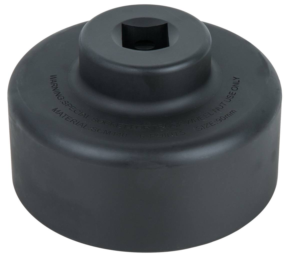 Černý kovový nástavec klíče, velký 90 mm, určený pro speciální aplikace. Obsahuje bezpečnostní upozornění a údaje o materiálu.