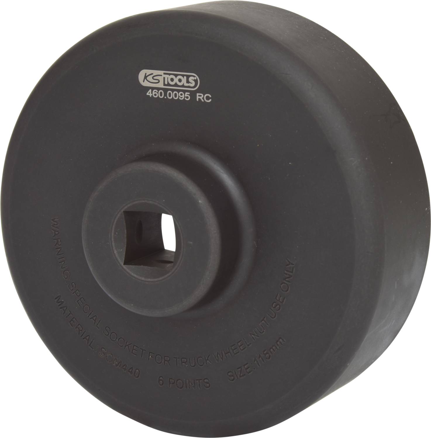 Zobrazení kulatého černého nástrčného klíče od KS Tools, velikosti 115 mm, speciálně určeného pro matice nákladních vozidel.