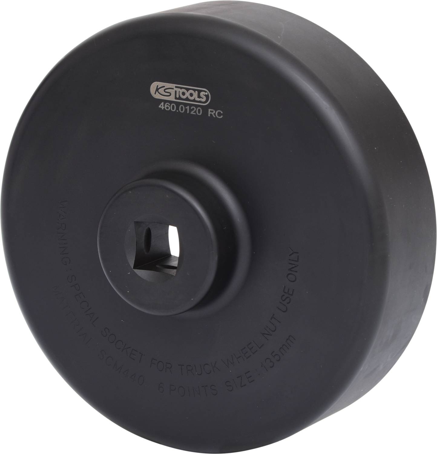 Velká, kulatá, černá kloboučková matice pro nákladní vozidla, označená štítkem 'KS Tools 460.0120 RC', vhodná pro šestihranný rozměr 105 mm.