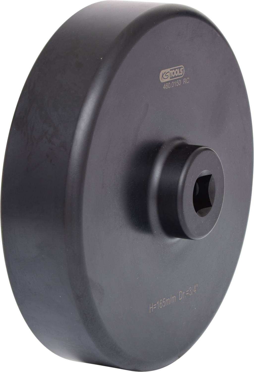 Černý kulatý obrobek, pravděpodobně součást nástroje, s centrálním otvorem a razovaným textem 'H=165mm Dr=3/4"'.