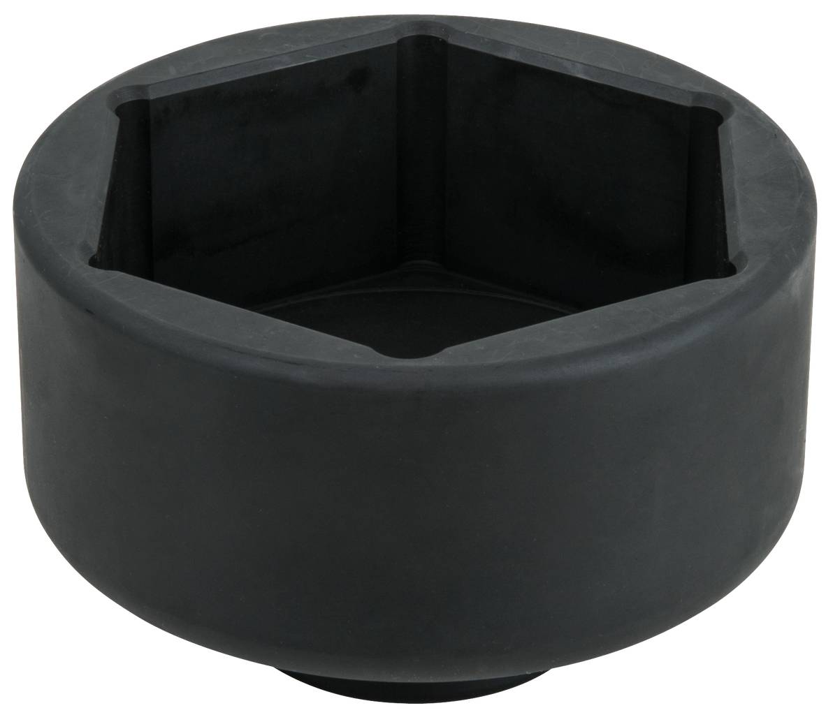 Velký černý nástrčný klíč s šestihranným otvorem, pravděpodobně vhodný pro velké matice nebo šrouby.