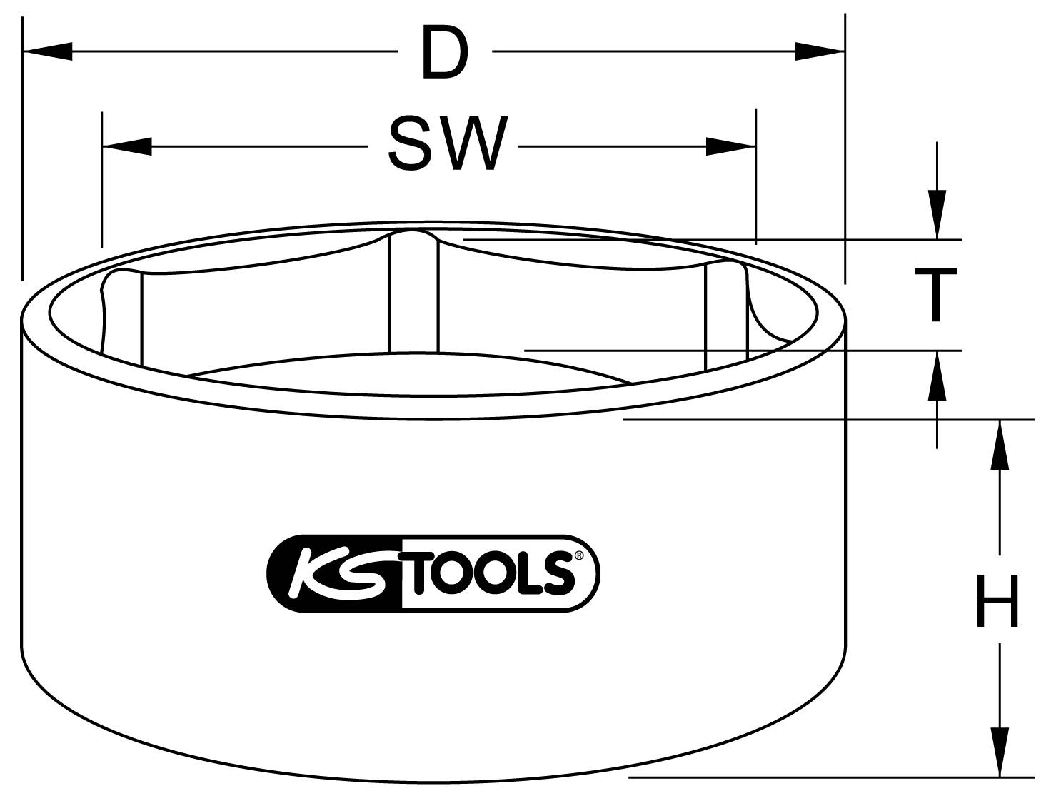 'Technický výkres šestihranné matice od KS Tools s rozměry: D (průměr), SW (šířka klíče), T (hloubka), H (výška).'