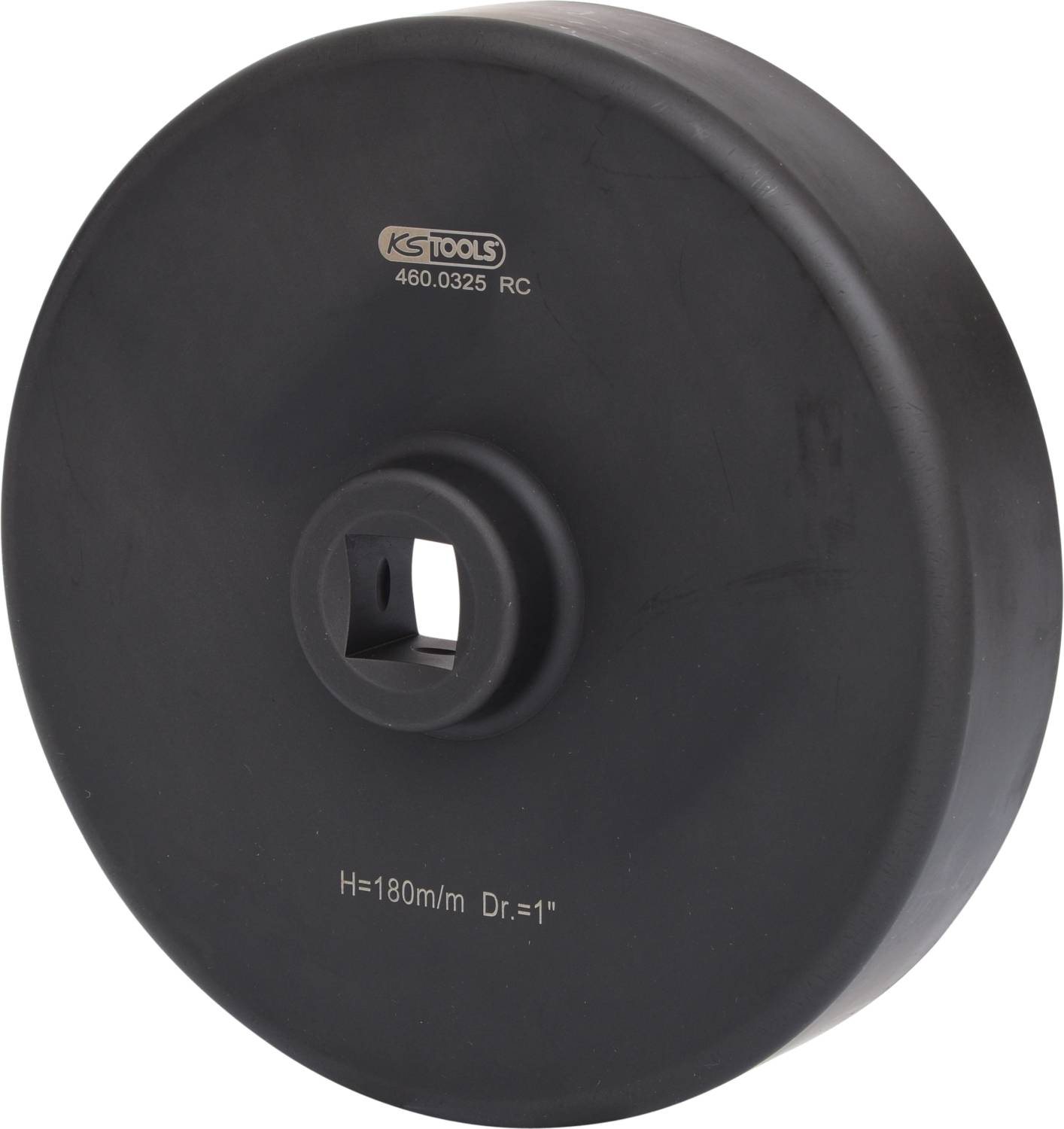 Černý nástroj se čtvercovým otvorem uprostřed, s nápisem 'KS TOOLS 460.0325 RC' a 'H=180m/m Dr.=1'''.