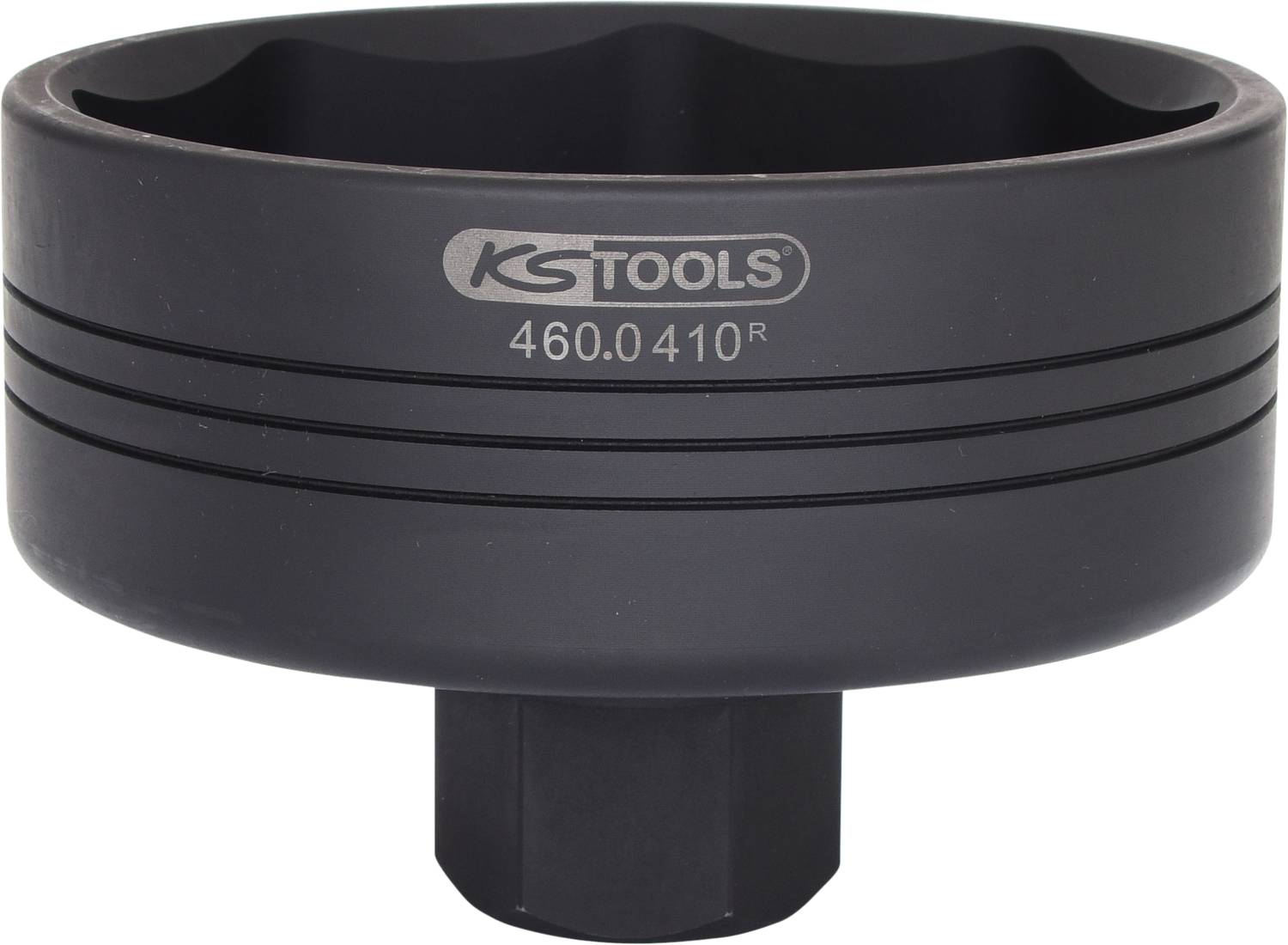 Černý klíč na olejový filtr od KS Tools, modelové číslo 460.0410R, s kulatým tvarem pro snadnou demontáž olejových filtrů.