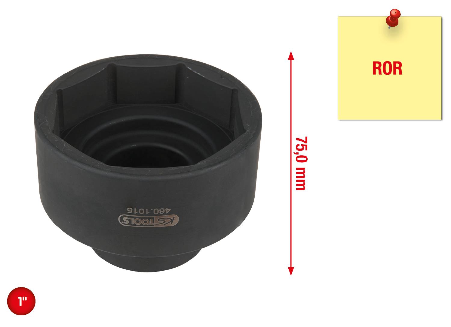Nástroj na olejový filtr v černé barvě, průměr 75 mm. Vlevo dole symbol '1"', vpravo nahoře poznámkový lístek s textem 'ROR'.
