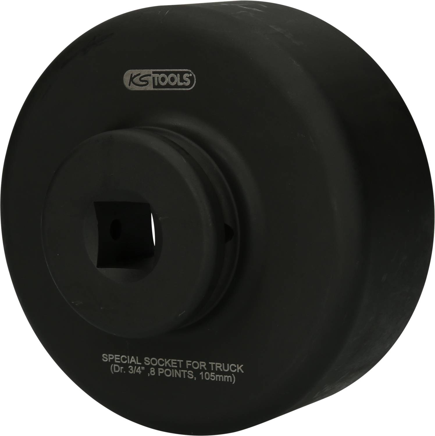 Kulatý černý nástrčný klíč pro nákladní vozidla značky KS Tools, s 3/4palcovým pohonem, 8násobný, velký 105 mm.