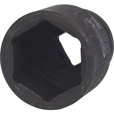 Velká šestihranná nástrčná matice z černého kovu s gravírováním '38mm', vhodná pro velké šrouby nebo matice.