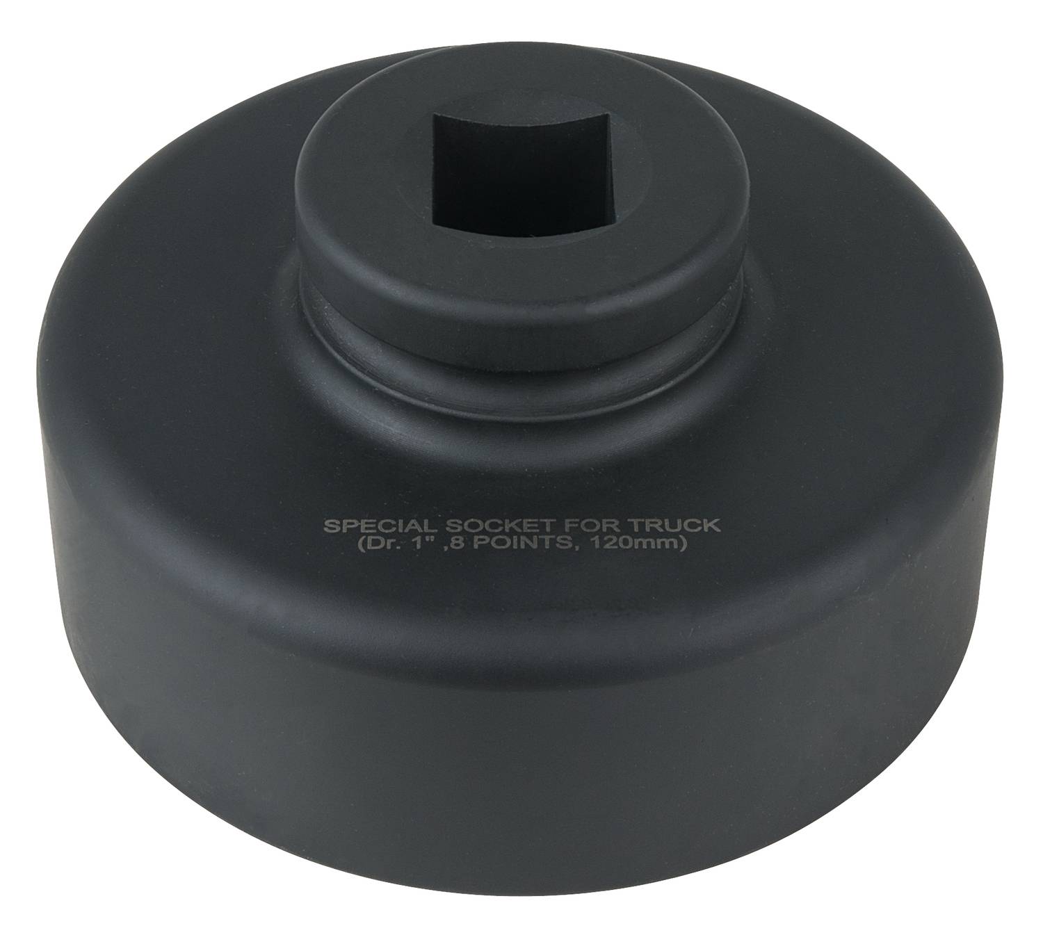Černý speciální nástrčný klíč pro nákladní vozidla, průměr 120 mm, s 1palcovým pohonem a 8 body.