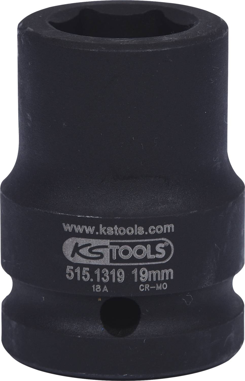 Černý nástrčný klíč z kovu o velikosti 19 mm, značka 'KS Tools', s webovou URL a specifikacemi na povrchu.