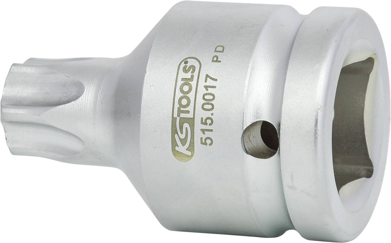 Stříbrný nástroj, pravděpodobně nástavec na ráčnu značky KS Tools, s modelovým číslem 515.0017.