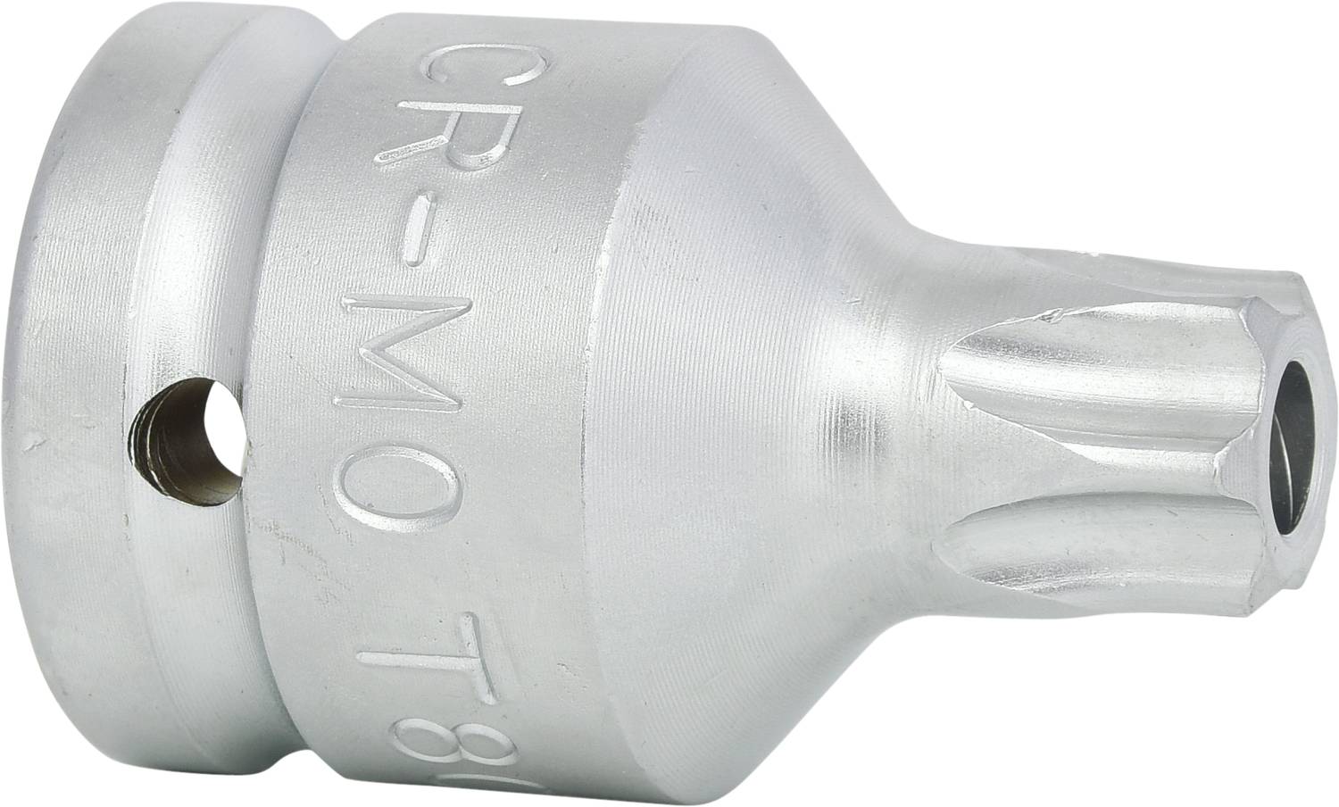 Detailní záběr kovového šroubovacího nástavce Torx s nápisem 'CR-MO T8', vyvinutého pro použití se šroubováky nebo vrtačkami.