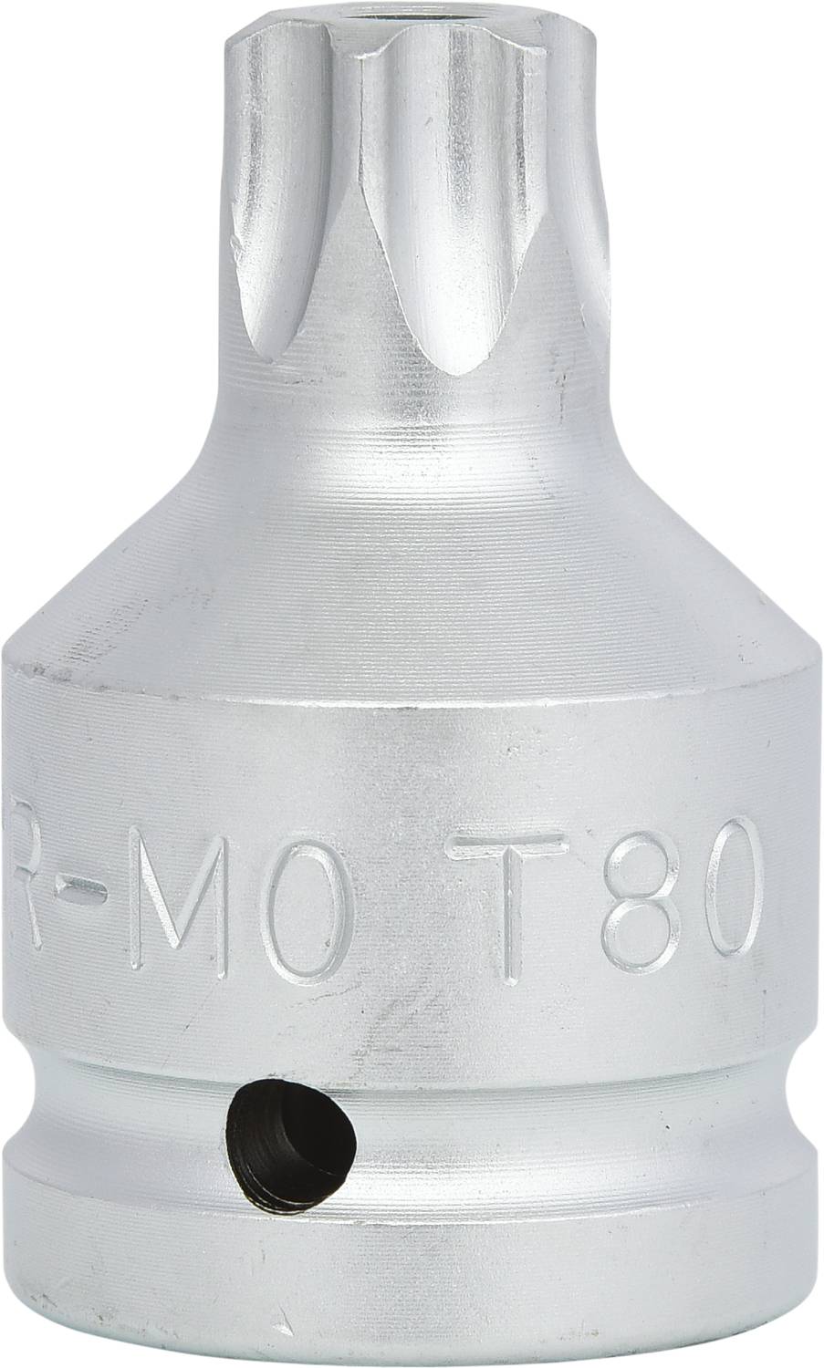 Stříbrný torxový bit velikosti T80 z ocelové slitiny. Používá se ve spojení s matkovým klíčem nebo ráčnou.
