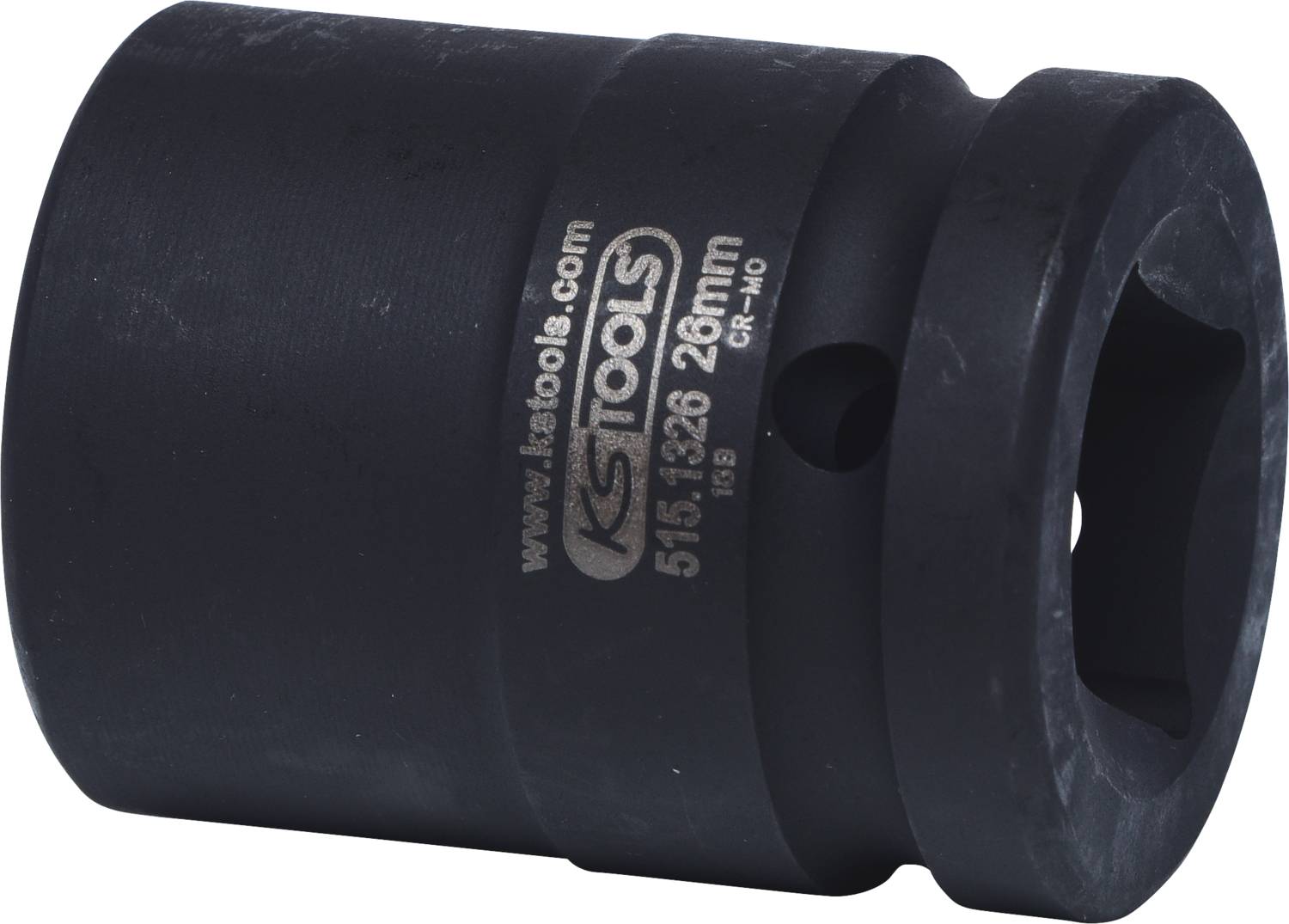 Černý nástrčný klíč s nápisem 'KS Tools', velikost 28 mm, s uchycením pro čtyřhranný nástavec, vyrobený z chrom-molybdenové oceli.