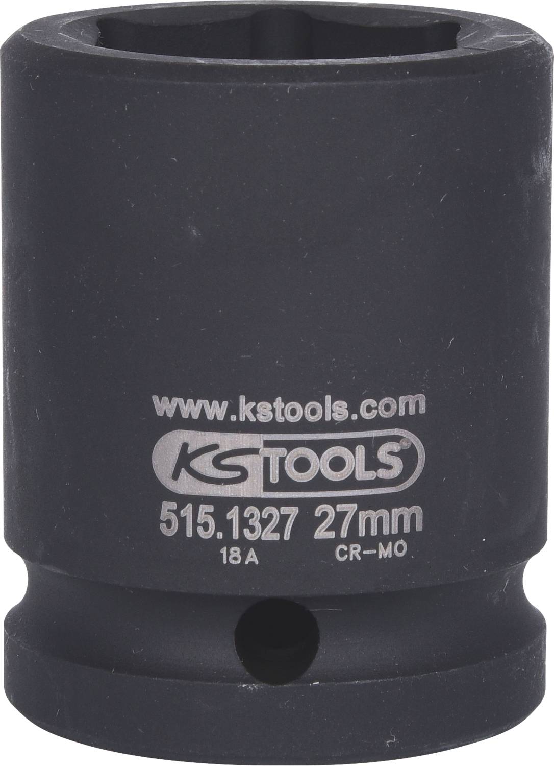 Černý šestihranný nástrčný klíč s nápisem 'www.kstools.com', 'KS TOOLS', '515.1327 27mm', vyrobený z materiálu CR-MO, o velikosti 27 mm.