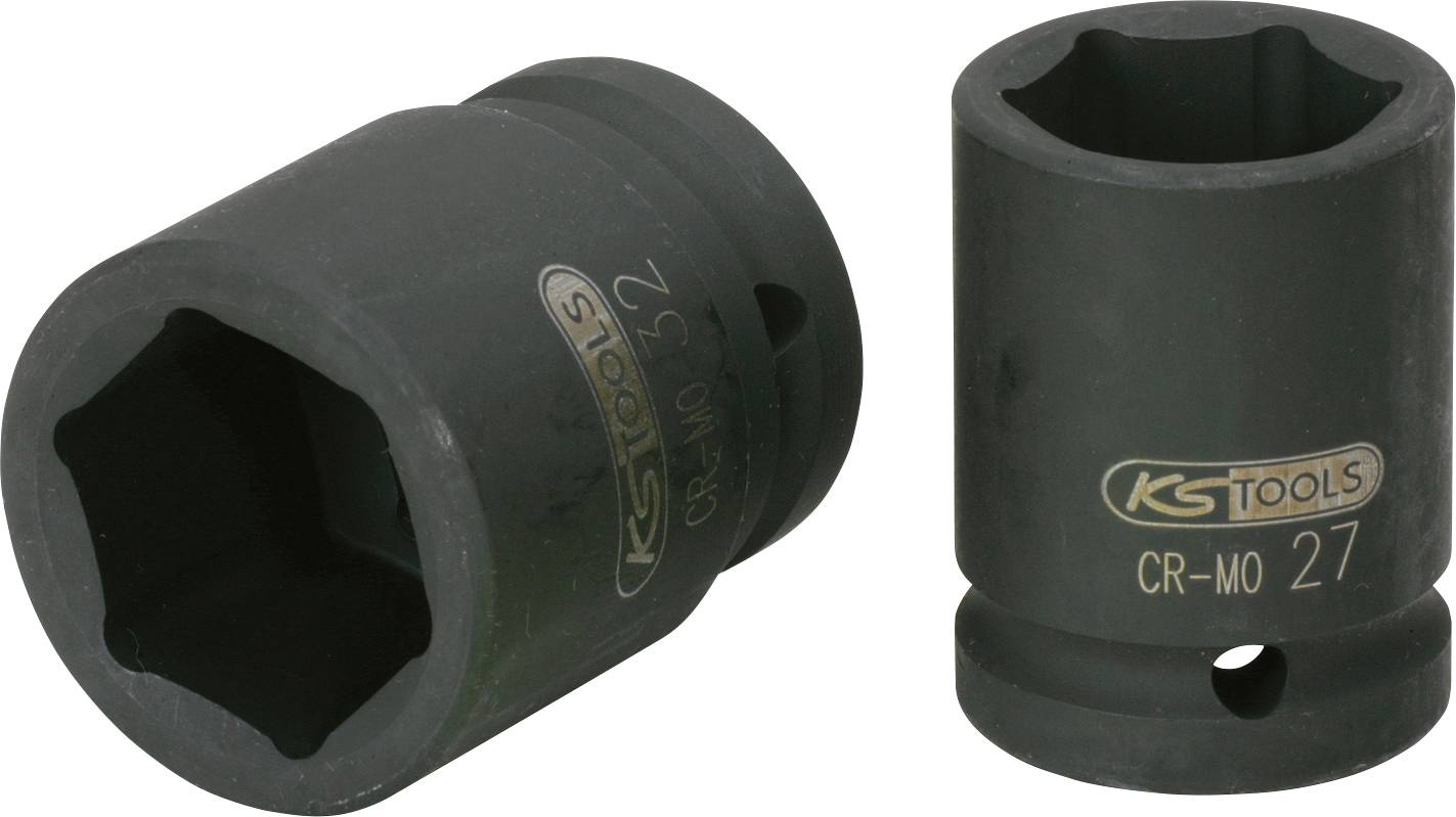 Dva černé objímky KS Tools 27 mm CR-Mo nástrčného klíče, zobrazené vedle sebe na bílém pozadí.