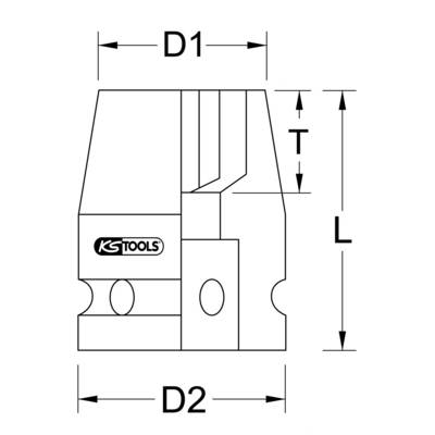 Diagram nástroje adaptéru s rozměry: průměr 'D1', průměr 'D2', výška 'L' a tloušťka stěny 'T'.